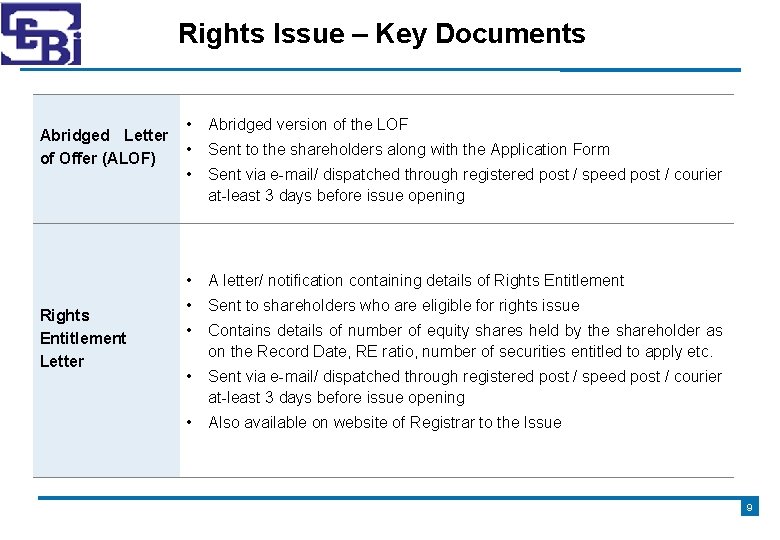 Rights Issue – Key Documents Abridged Letter of Offer (ALOF) Rights Entitlement Letter •