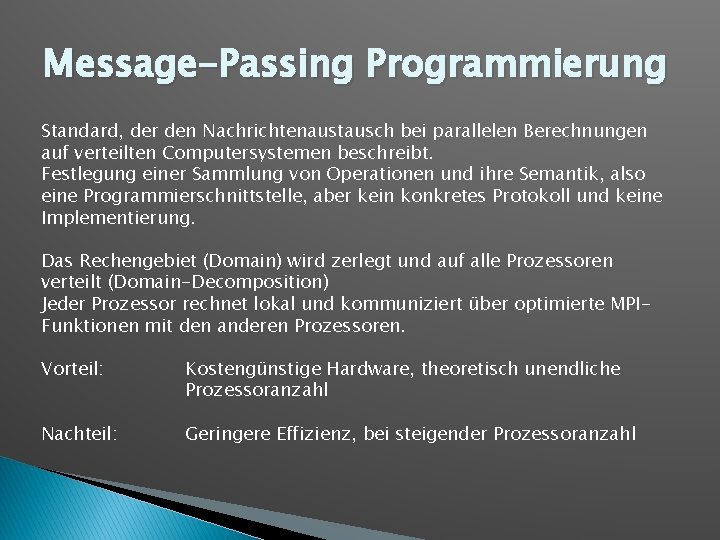 Message-Passing Programmierung Standard, der den Nachrichtenaustausch bei parallelen Berechnungen auf verteilten Computersystemen beschreibt. Festlegung