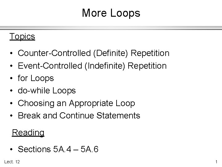 More Loops Topics • • • Counter-Controlled (Definite) Repetition Event-Controlled (Indefinite) Repetition for Loops