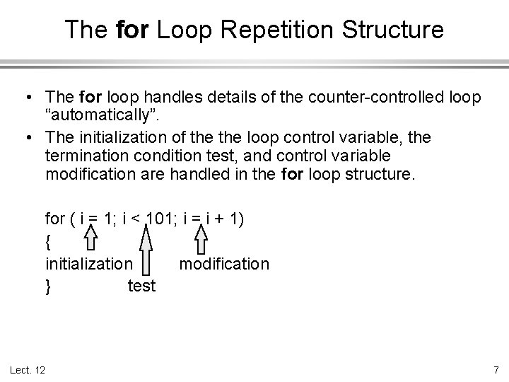 The for Loop Repetition Structure • The for loop handles details of the counter-controlled