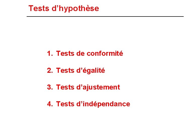 Tests d’hypothèse 1. Tests de conformité 2. Tests d’égalité 3. Tests d’ajustement 4. Tests