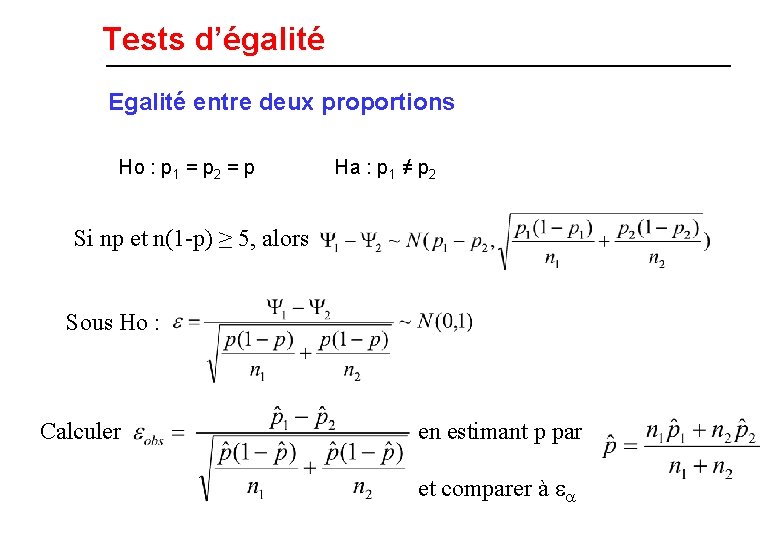 Tests d’égalité Egalité entre deux proportions Ho : p 1 = p 2 =