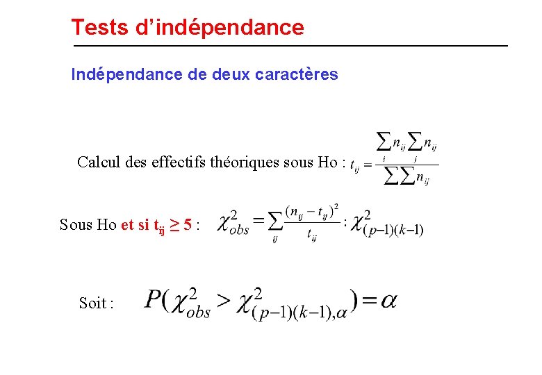 Tests d’indépendance Indépendance de deux caractères Calcul des effectifs théoriques sous Ho : Sous