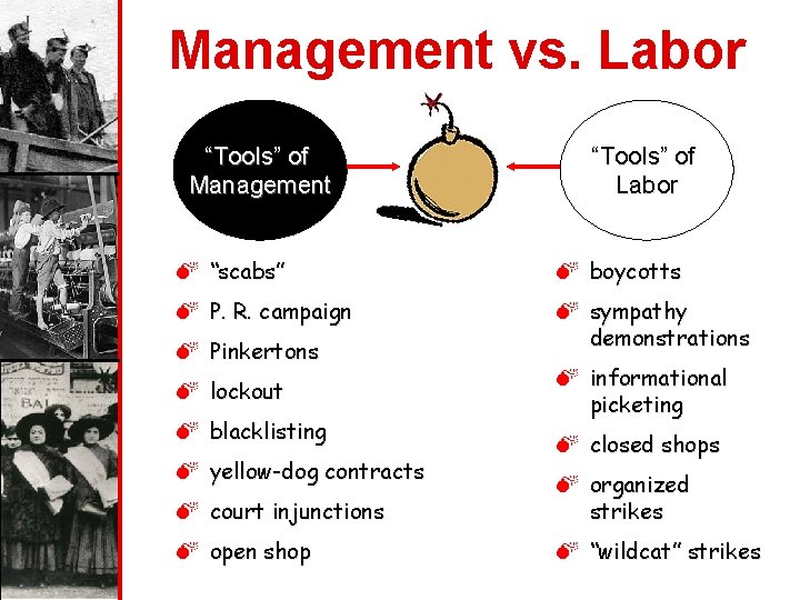 Management vs. Labor “Tools” of Management “Tools” of Labor M “scabs” M boycotts M