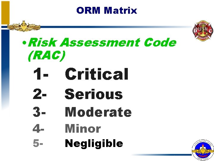 ORM Matrix • Risk Assessment Code (RAC) 1 - Critical 3 - Moderate 245