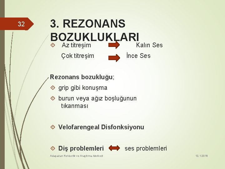 32 3. REZONANS BOZUKLUKLARI Az titreşim Çok titreşim Kalın Ses İnce Ses Rezonans bozukluğu;