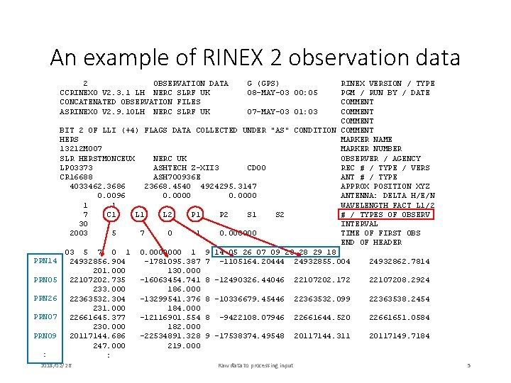 An example of RINEX 2 observation data 2 OBSERVATION DATA CCRINEXO V 2. 3.