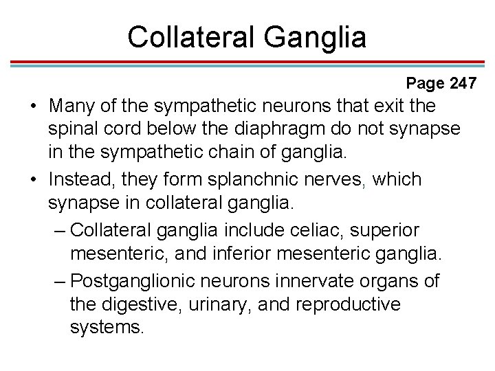 Collateral Ganglia Page 247 • Many of the sympathetic neurons that exit the spinal