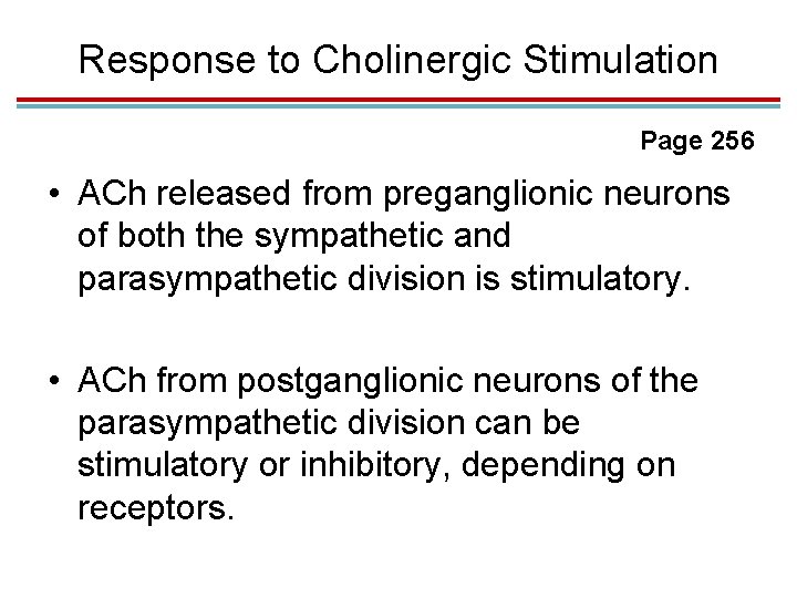 Response to Cholinergic Stimulation Page 256 • ACh released from preganglionic neurons of both