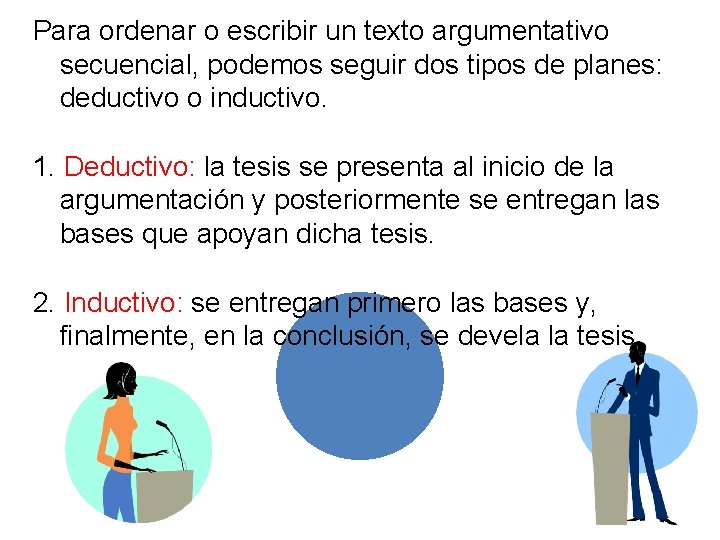 Para ordenar o escribir un texto argumentativo secuencial, podemos seguir dos tipos de planes: Para ordenar o escribir un texto argumentativo secuencial, podemos seguir dos tipos de planes: