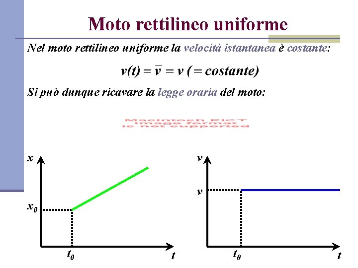 Moto rettilineo uniforme Nel moto rettilineo uniforme la velocità istantanea è costante: Si può