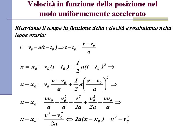 Velocità in funzione della posizione nel moto uniformemente accelerato Ricaviamo il tempo in funzione