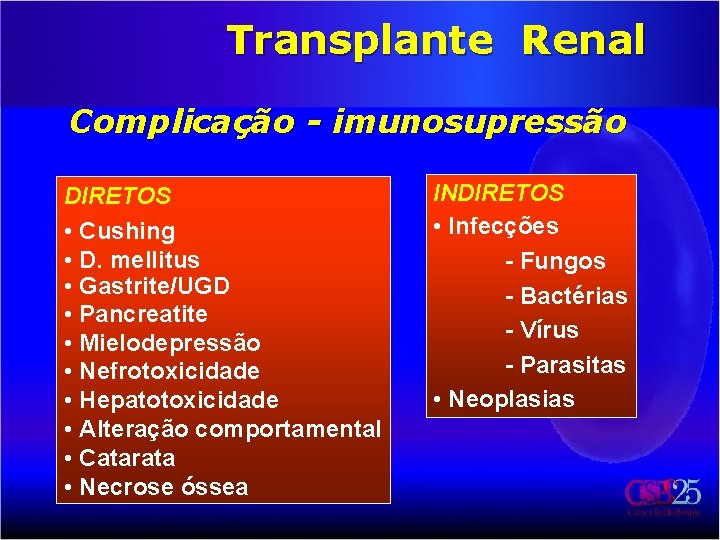 Transplante Renal Complicação - imunosupressão DIRETOS • Cushing • D. mellitus • Gastrite/UGD •