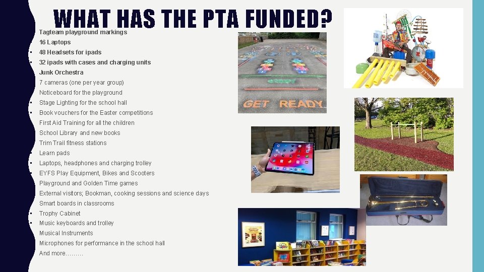 WHAT HAS THE PTA FUNDED? • Tagteam playground markings • 16 Laptops • 48