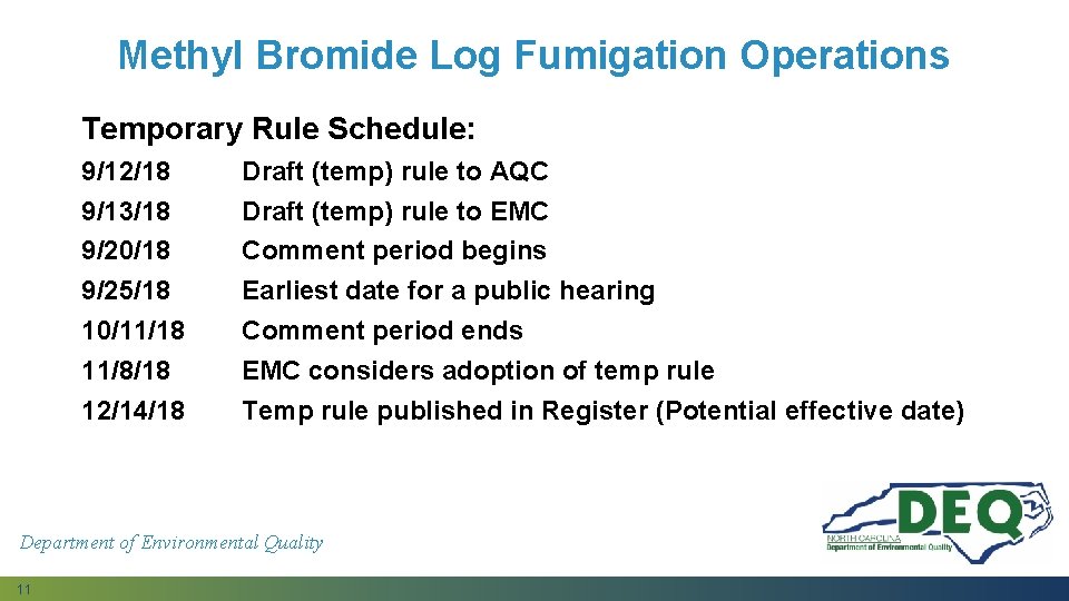 Methyl Bromide Log Fumigation Operations Temporary Rule Schedule: 9/12/18 9/13/18 9/20/18 9/25/18 10/11/18 11/8/18 Methyl Bromide Log Fumigation Operations Temporary Rule Schedule: 9/12/18 9/13/18 9/20/18 9/25/18 10/11/18 11/8/18
