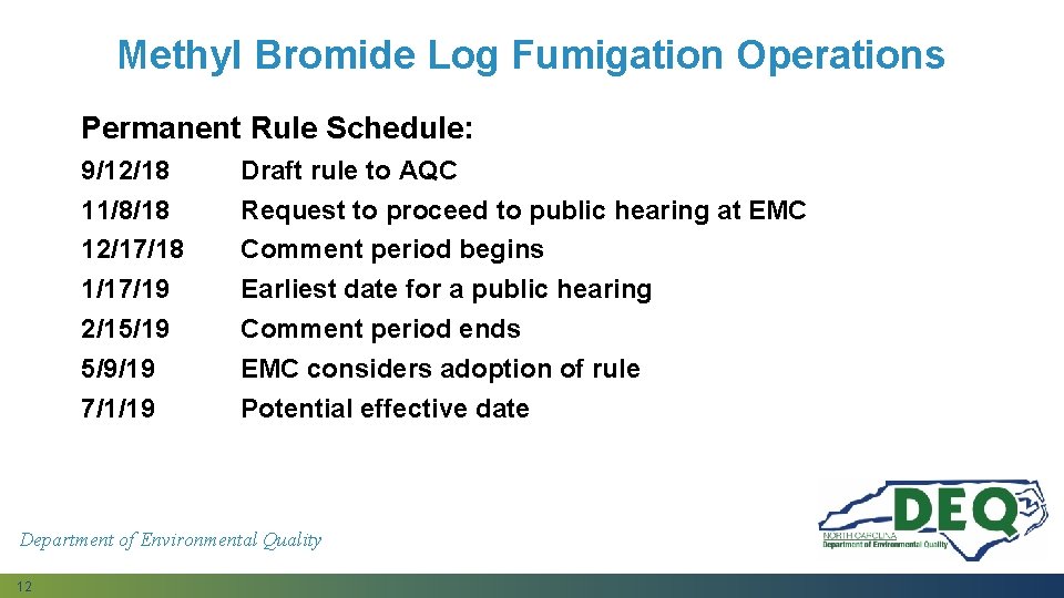 Methyl Bromide Log Fumigation Operations Permanent Rule Schedule: 9/12/18 11/8/18 12/17/18 1/17/19 2/15/19 5/9/19 Methyl Bromide Log Fumigation Operations Permanent Rule Schedule: 9/12/18 11/8/18 12/17/18 1/17/19 2/15/19 5/9/19