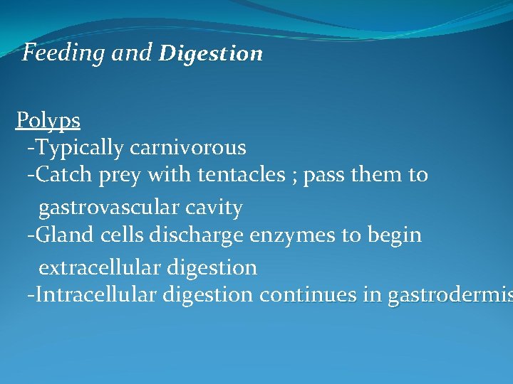 Feeding and Digestion Polyps -Typically carnivorous -Catch prey with tentacles ; pass them to