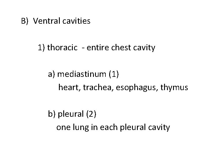 B) Ventral cavities 1) thoracic - entire chest cavity a) mediastinum (1) heart, trachea,