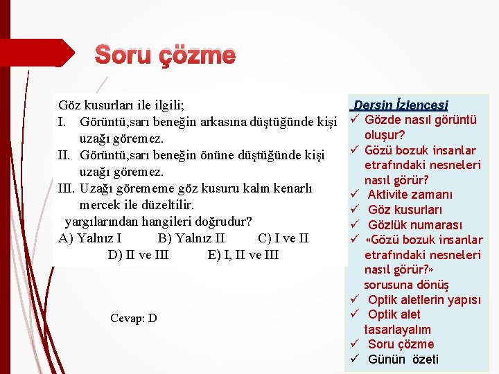 Soru çözme Göz kusurları ile ilgili; I. Görüntü, sarı beneğin arkasına düştüğünde kişi uzağı