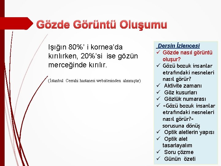 Gözde Görüntü Oluşumu Işığın 80%’ i kornea’da kırılırken, 20%’si ise gözün merceğinde kırılır. (İstanbul