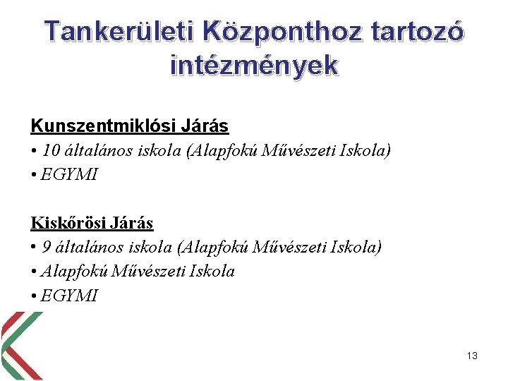 Tankerületi Központhoz tartozó intézmények Kunszentmiklósi Járás • 10 általános iskola (Alapfokú Művészeti Iskola) •