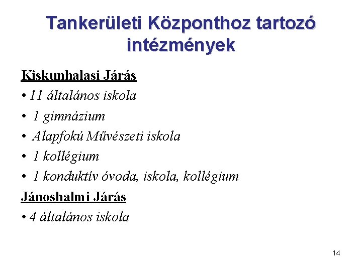 Tankerületi Központhoz tartozó intézmények Kiskunhalasi Járás • 11 általános iskola • 1 gimnázium •