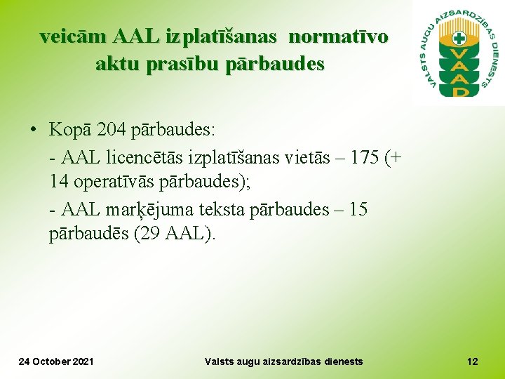 veicām AAL izplatīšanas normatīvo aktu prasību pārbaudes • Kopā 204 pārbaudes: - AAL licencētās