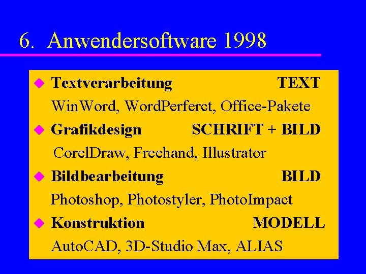 6. Anwendersoftware 1998 u u Textverarbeitung TEXT Win. Word, Word. Perferct, Office-Pakete Grafikdesign SCHRIFT