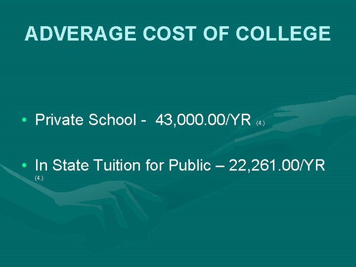 ADVERAGE COST OF COLLEGE • Private School - 43, 000. 00/YR (4. ) • ADVERAGE COST OF COLLEGE • Private School - 43, 000. 00/YR (4. ) •