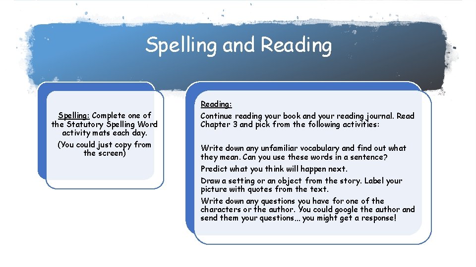 Spelling and Reading: Spelling: Complete one of the Statutory Spelling Word activity mats each