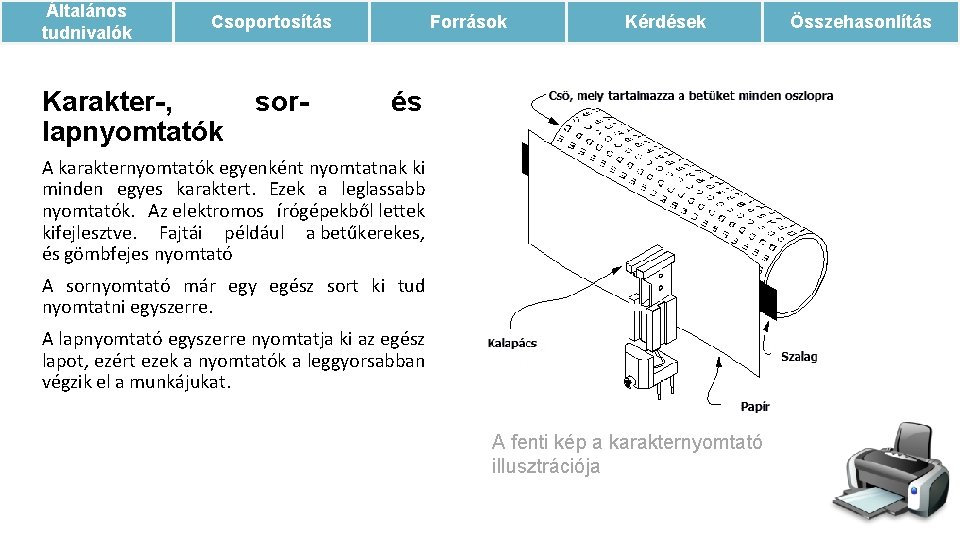 Általános tudnivalók Csoportosítás Karakter-, lapnyomtatók sor- Források Kérdések és A karakternyomtatók egyenként nyomtatnak ki