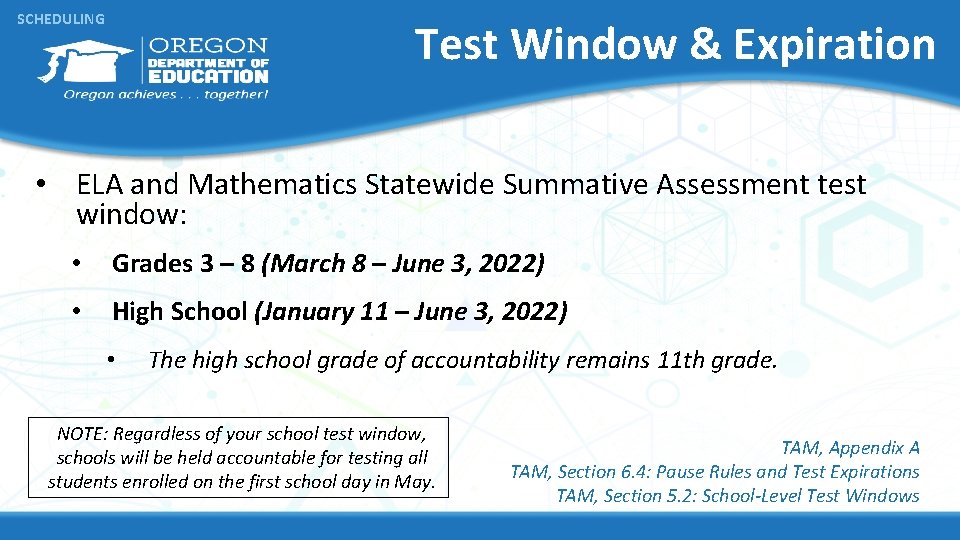 SCHEDULING Test Window & Expiration • ELA and Mathematics Statewide Summative Assessment test window: