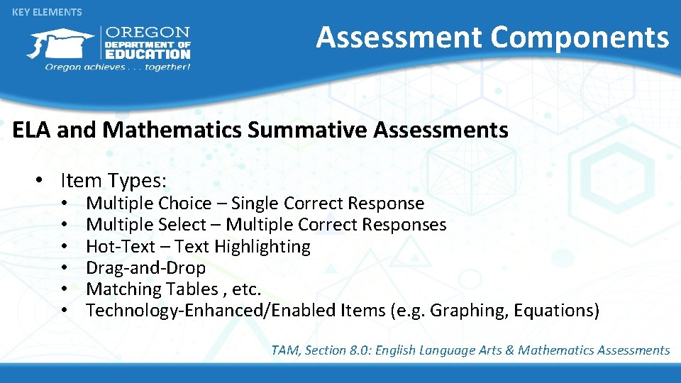 KEY ELEMENTS Assessment Components ELA and Mathematics Summative Assessments • Item Types: • •