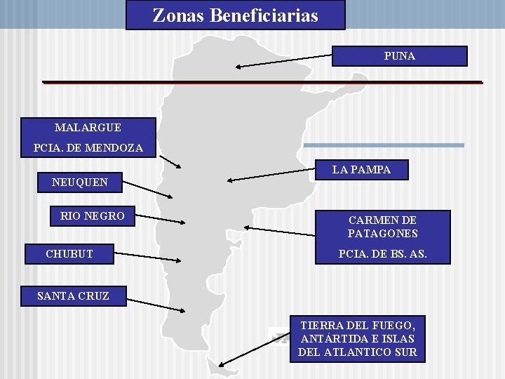 Zonas Beneficiarias PUNA MALARGUE PCIA. DE MENDOZA LA PAMPA NEUQUEN RIO NEGRO CHUBUT CARMEN