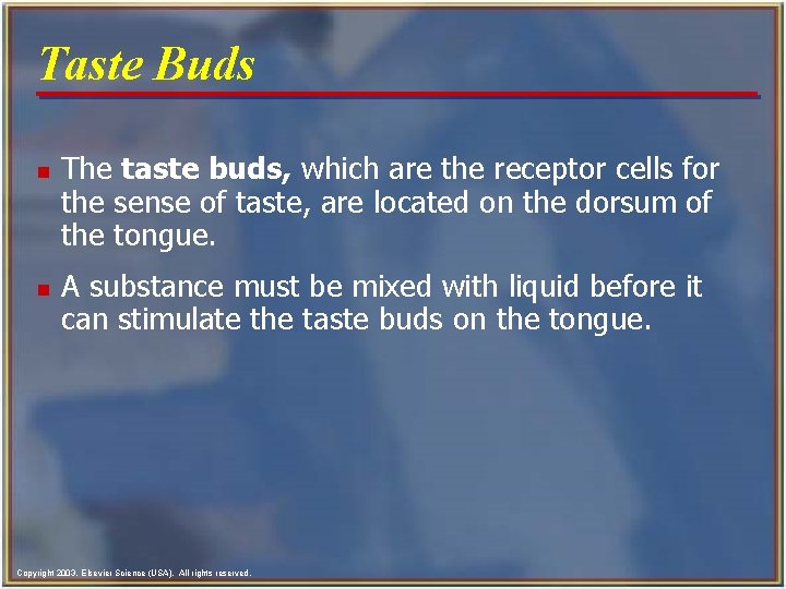 Taste Buds n n The taste buds, which are the receptor cells for the Taste Buds n n The taste buds, which are the receptor cells for the