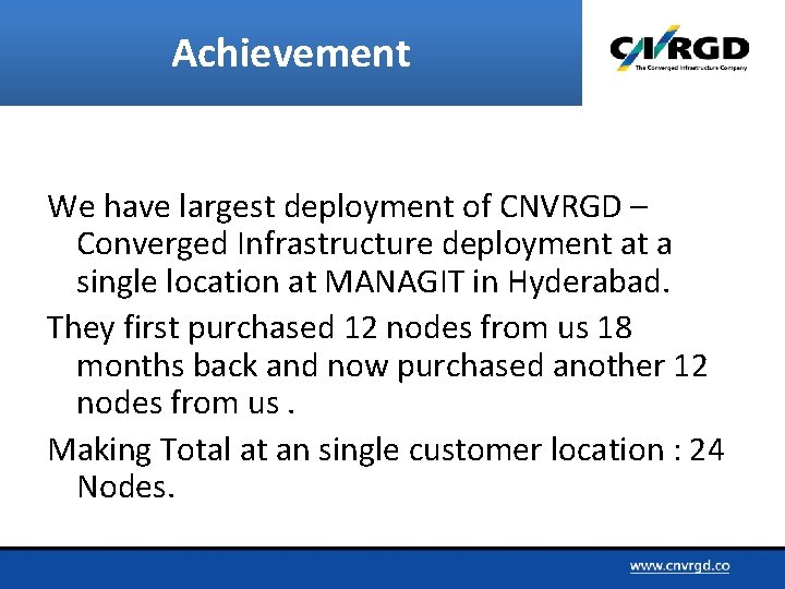 Achievement We have largest deployment of CNVRGD – Converged Infrastructure deployment at a single