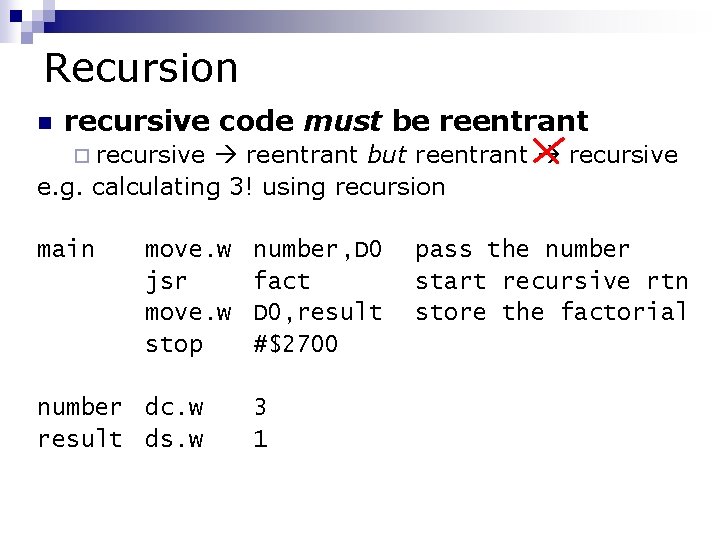 Recursion n recursive code must be reentrant ¨ recursive reentrant but reentrant recursive e.