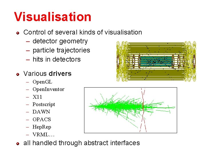 Visualisation Control of several kinds of visualisation – detector geometry – particle trajectories –