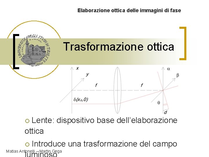 Elaborazione ottica delle immagini di fase Trasformazione ottica Lente: dispositivo base dell’elaborazione ottica ¡