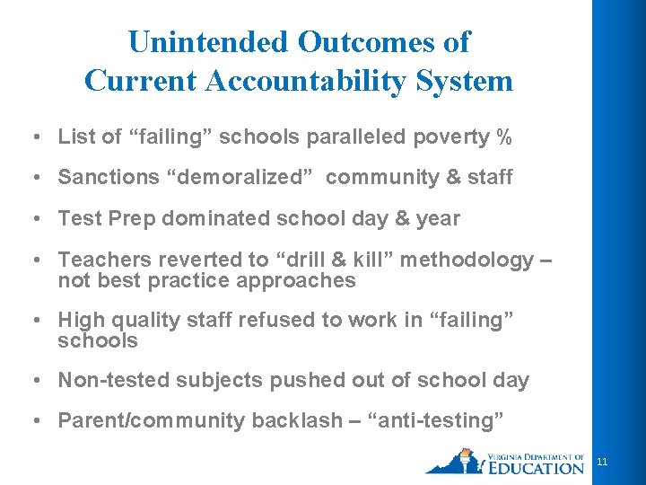 Unintended Outcomes of Current Accountability System • List of “failing” schools paralleled poverty %