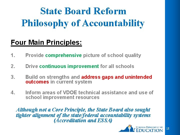 State Board Reform Philosophy of Accountability Four Main Principles: 1. Provide comprehensive picture of