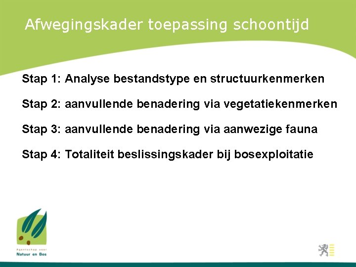 Afwegingskader toepassing schoontijd Stap 1: Analyse bestandstype en structuurkenmerken Stap 2: aanvullende benadering via