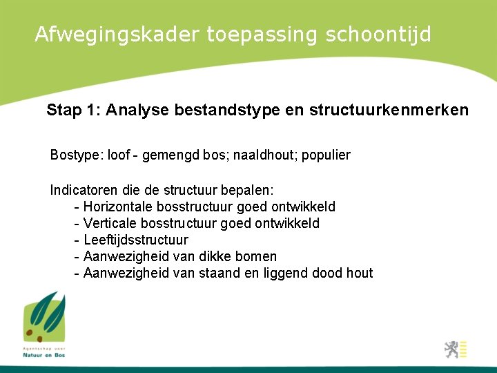 Afwegingskader toepassing schoontijd Stap 1: Analyse bestandstype en structuurkenmerken Bostype: loof - gemengd bos;