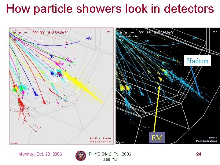 How particle showers look in detectors Hadron EM Monday, Oct. 23, 2006 PHYS 3446,