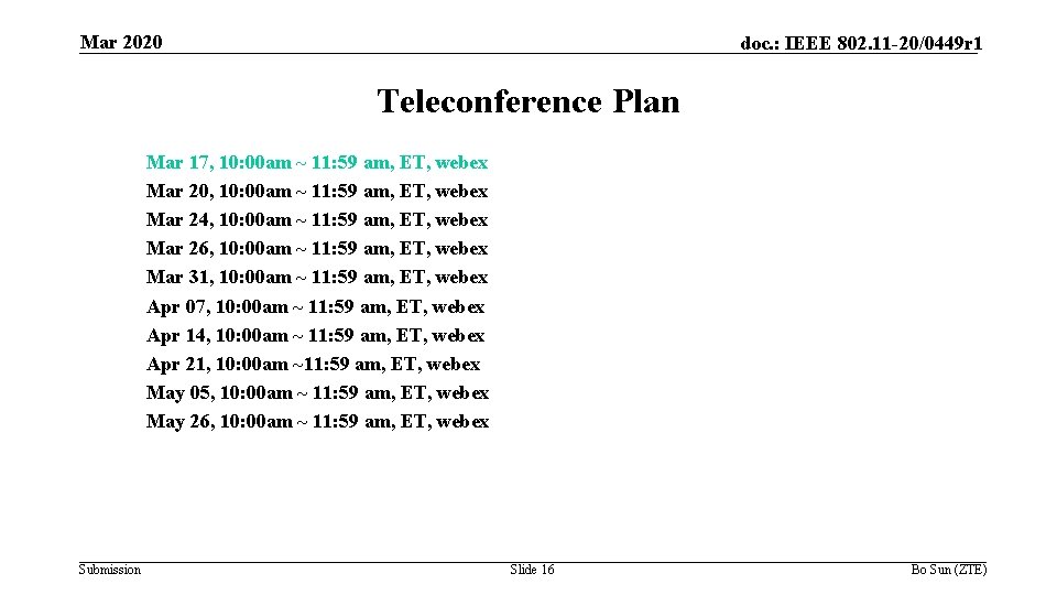 Mar 2020 doc. : IEEE 802. 11 -20/0449 r 1 Teleconference Plan Mar 17,