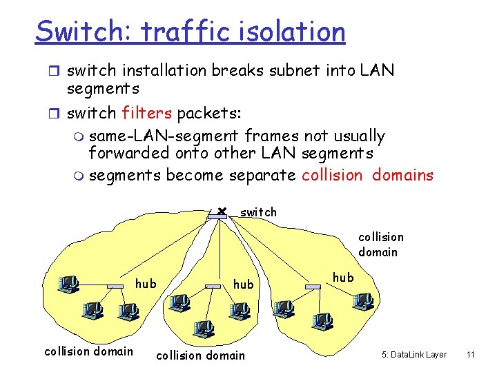 Switch: traffic isolation r switch installation breaks subnet into LAN segments r switch filters