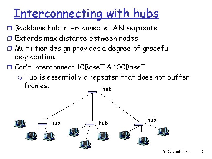 Interconnecting with hubs r Backbone hub interconnects LAN segments r Extends max distance between