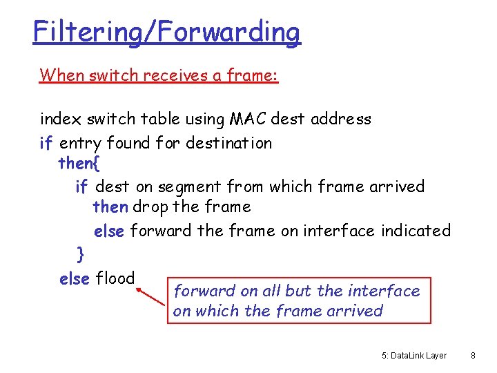 Filtering/Forwarding When switch receives a frame: index switch table using MAC dest address if