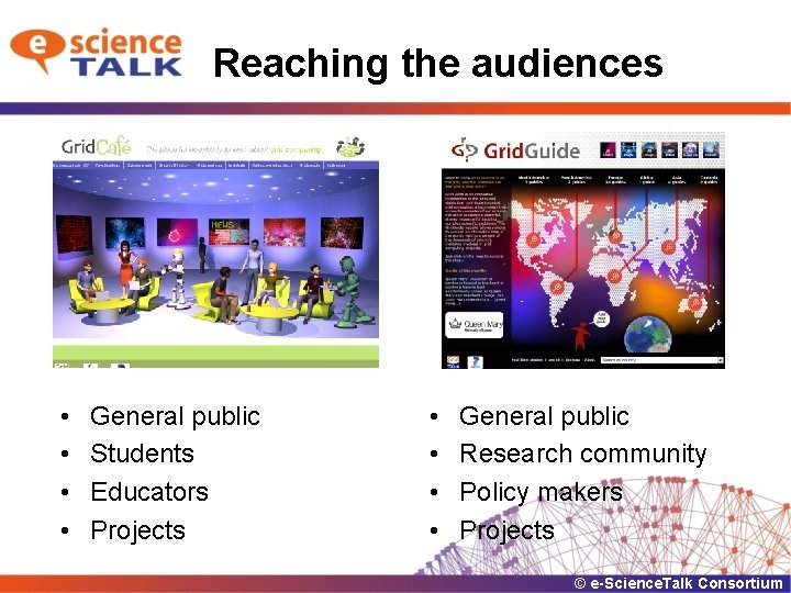 Reaching the audiences • • General public Students Educators Projects • • General public