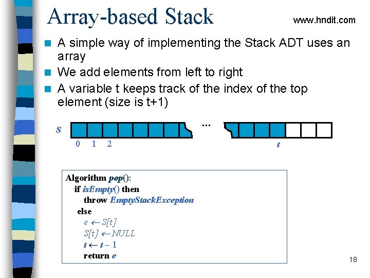 Array-based Stack www. hndit. com A simple way of implementing the Stack ADT uses